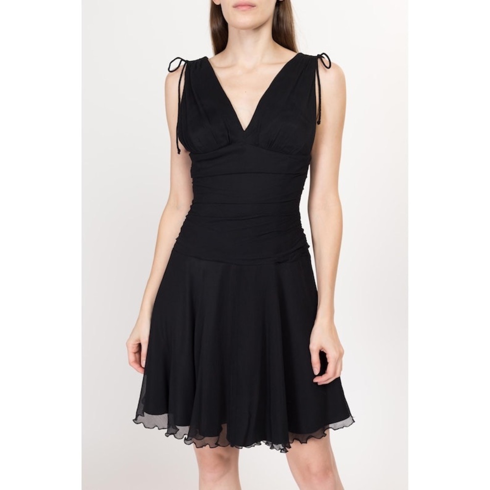 Express Vintage Y2K Black Silk Mini Dress Sleeveless A Line V Neck Lettuce Hem - Picture 2 of 7